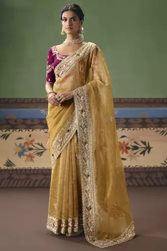 mustard elegant fancy saree with designer embroidery, sequins, stones & pearl work with matching blouse
