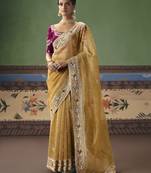 mustard elegant fancy saree with designer embroidery, sequins, stones & pearl work with matching blouse