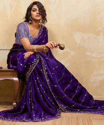 purple metallic velvet satin saree with cutdana & sequin zari work 3