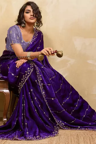 purple metallic velvet satin saree with cutdana & sequin zari work