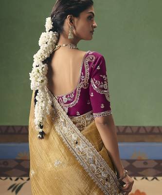 mustard elegant fancy saree with embroidery sequins stones & pearl work with matching blouse 2