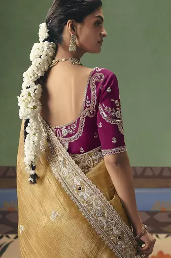 mustard elegant fancy saree with embroidery sequins stones & pearl work with matching blouse