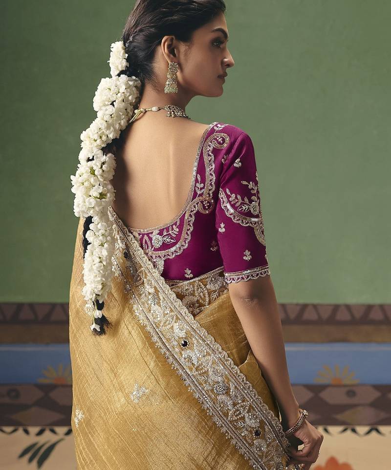 mustard elegant fancy saree with designer embroidery, sequins, stones & pearl work with matching blouse
