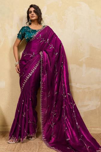 rani pink designer metallic velvet satin saree with cutdana & sequin zari work