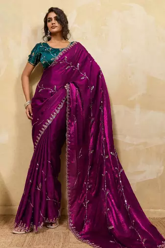 rani pink designer metallic velvet satin saree with cutdana & sequin zari work
