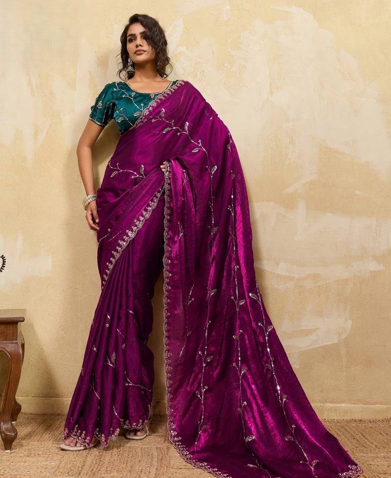 rani pink designer metallic velvet satin saree with cutdana & sequin zari work