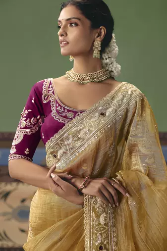 mustard elegant fancy saree with embroidery sequins stones & pearl work with matching blouse