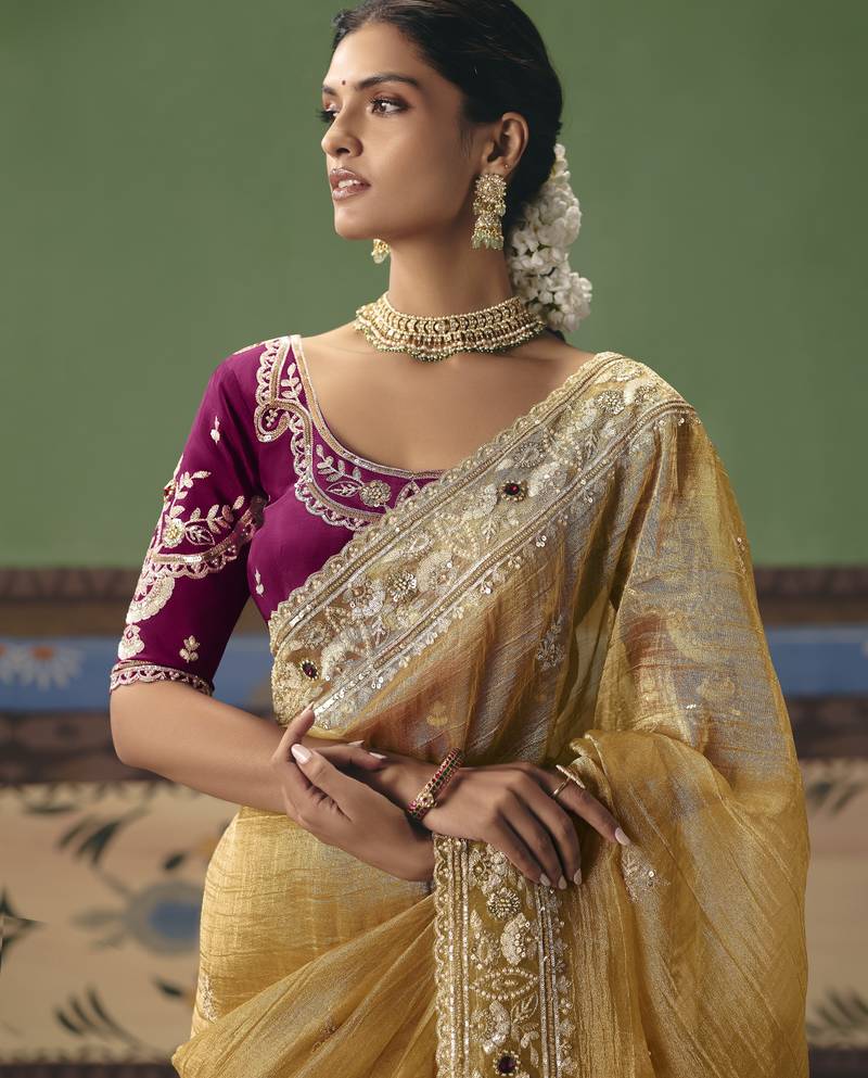 mustard elegant fancy saree with designer embroidery, sequins, stones & pearl work with matching blouse