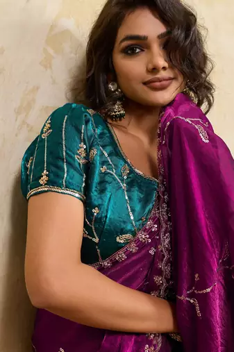 rani pink metallic velvet satin saree with cutdana & sequin zari work