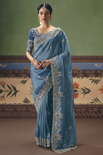 sky blue elegant fancy saree with designer embroidery, sequins, stones & pearl work with matching blouse