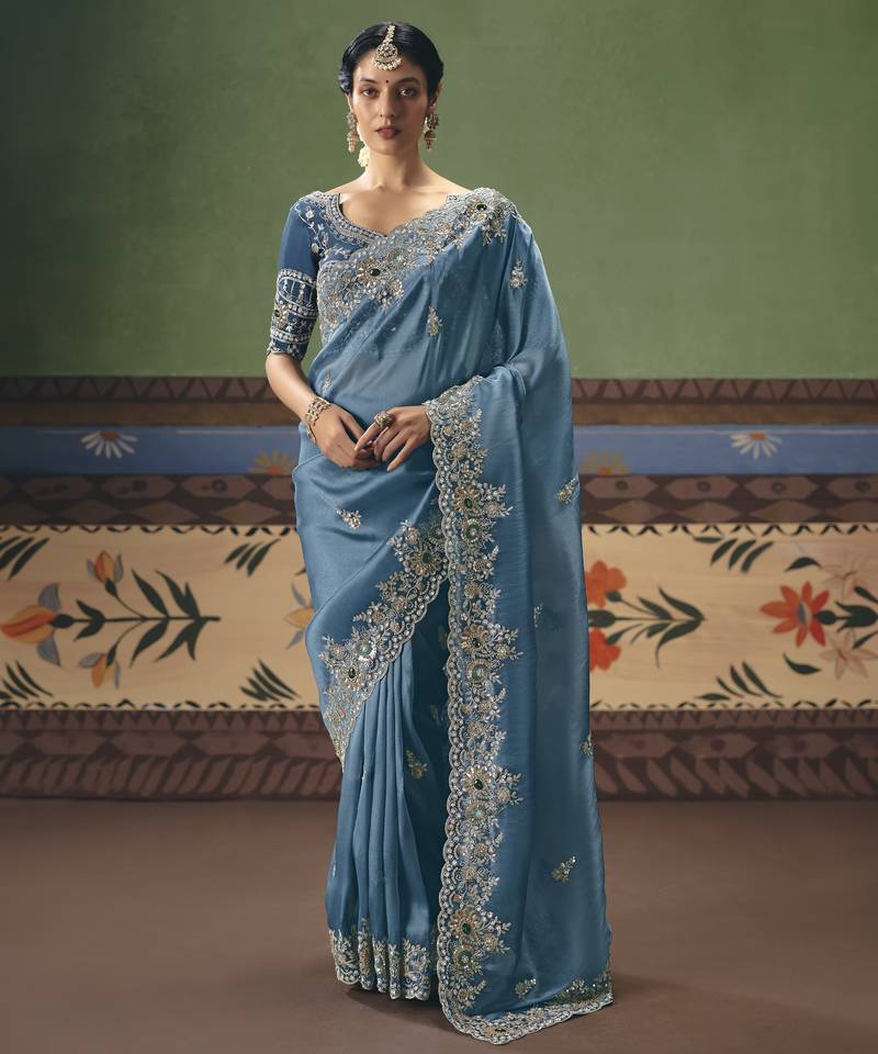 sky blue elegant fancy saree with designer embroidery, sequins, stones & pearl work with matching blouse