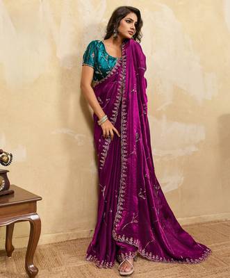 rani pink metallic velvet satin saree with cutdana & sequin zari work 3