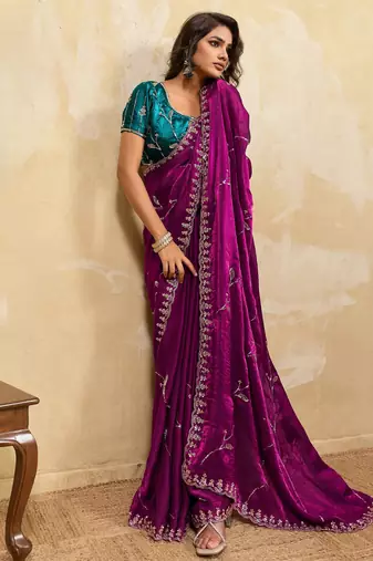 rani pink metallic velvet satin saree with cutdana & sequin zari work