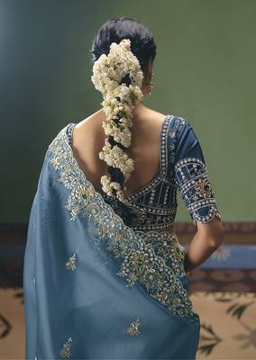 sky blue elegant fancy saree with embroidery sequins stones & pearl work with matching blouse 2