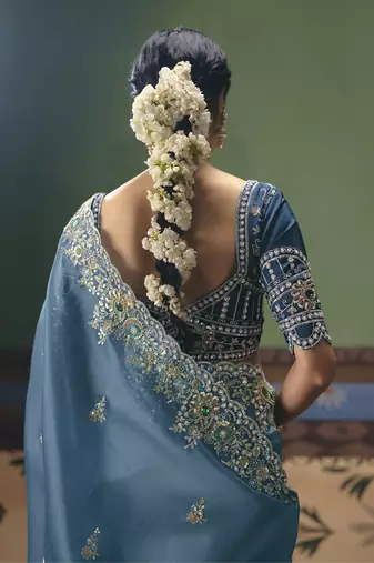 sky blue elegant fancy saree with embroidery sequins stones & pearl work with matching blouse