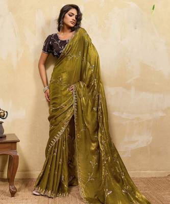 mehendi metallic velvet satin saree with cutdana & sequin zari work 1
