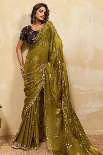mehendi designer metallic velvet satin saree with cutdana & sequin zari work