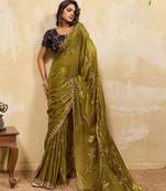 mehendi designer metallic velvet satin saree with cutdana & sequin zari work