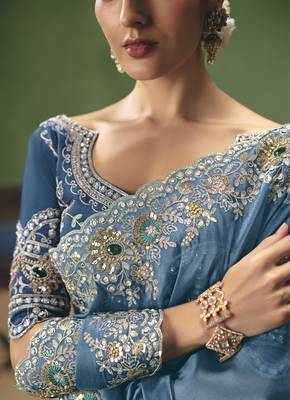 sky blue elegant fancy saree with embroidery sequins stones & pearl work with matching blouse 3