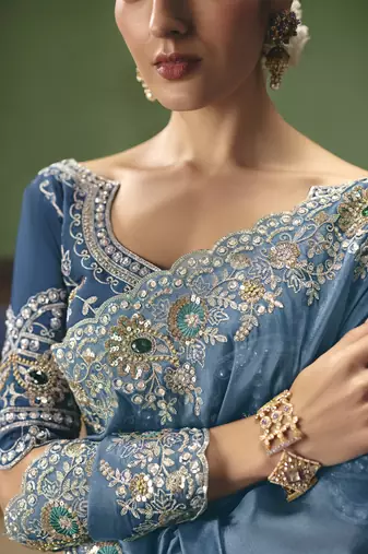 sky blue elegant fancy saree with embroidery sequins stones & pearl work with matching blouse