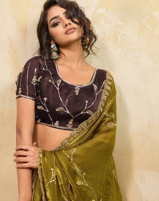mehendi metallic velvet satin saree with cutdana & sequin zari work 2
