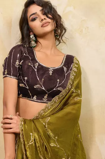 mehendi metallic velvet satin saree with cutdana & sequin zari work
