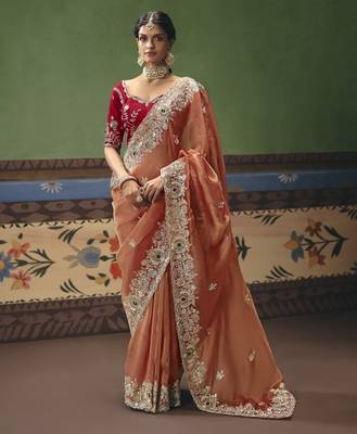 orange elegant fancy saree with embroidery sequins stones & pearl work with matching blouse 1