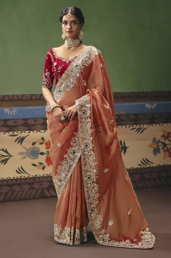 orange elegant fancy saree with designer embroidery, sequins, stones & pearl work with matching blouse