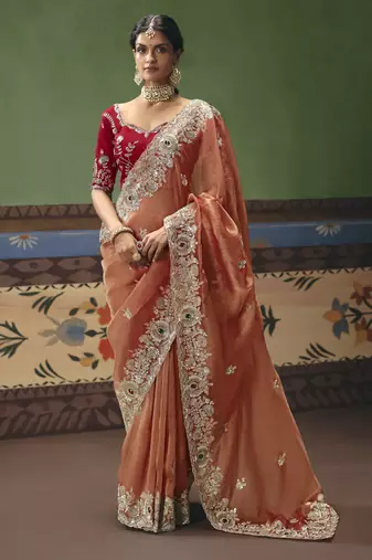 orange elegant fancy saree with designer embroidery, sequins, stones & pearl work with matching blouse