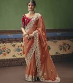 orange elegant fancy saree with designer embroidery, sequins, stones & pearl work with matching blouse