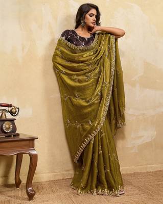 mehendi metallic velvet satin saree with cutdana & sequin zari work 3