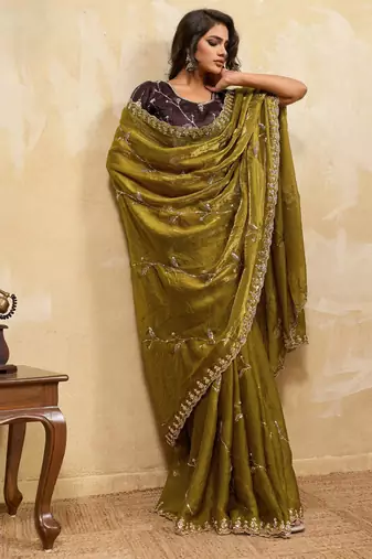 mehendi metallic velvet satin saree with cutdana & sequin zari work
