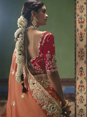orange elegant fancy saree with embroidery sequins stones & pearl work with matching blouse 2
