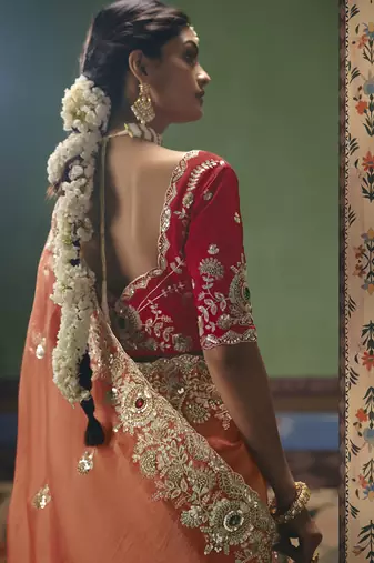 orange elegant fancy saree with embroidery sequins stones & pearl work with matching blouse