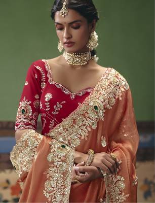 orange elegant fancy saree with embroidery sequins stones & pearl work with matching blouse 3