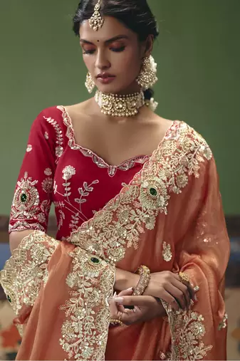 orange elegant fancy saree with embroidery sequins stones & pearl work with matching blouse