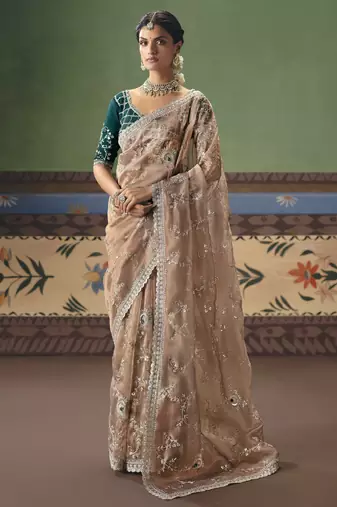 chiku elegant fancy saree with designer embroidery, sequins, stones & pearl work with matching blouse