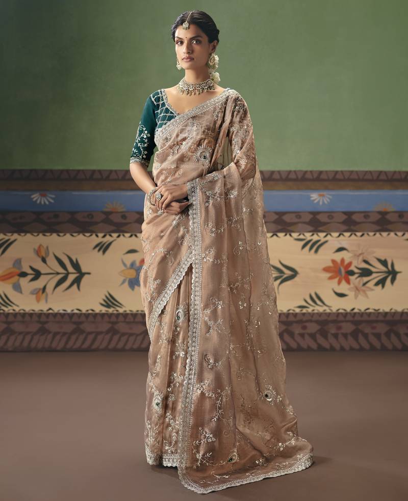 chiku elegant fancy saree with designer embroidery, sequins, stones & pearl work with matching blouse