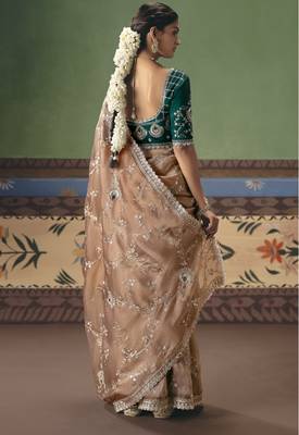 chiku elegant fancy saree with embroidery sequins stones & pearl work with matching blouse 2