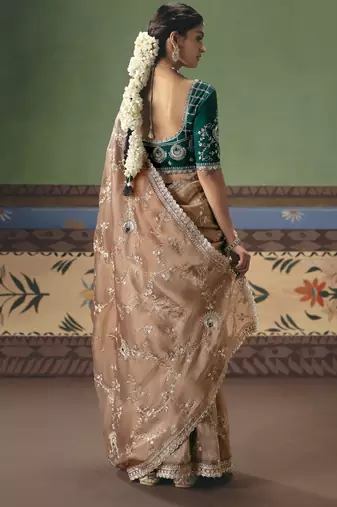 chiku elegant fancy saree with embroidery sequins stones & pearl work with matching blouse