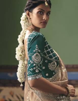 chiku elegant fancy saree with embroidery sequins stones & pearl work with matching blouse 3