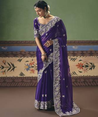 purple elegant fancy saree with embroidery sequins stones & pearl work with matching blouse 1