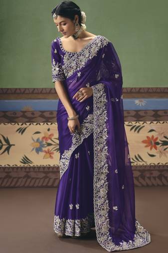 purple elegant fancy saree with designer embroidery, sequins, stones & pearl work with matching blouse