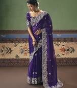 purple elegant fancy saree with designer embroidery, sequins, stones & pearl work with matching blouse