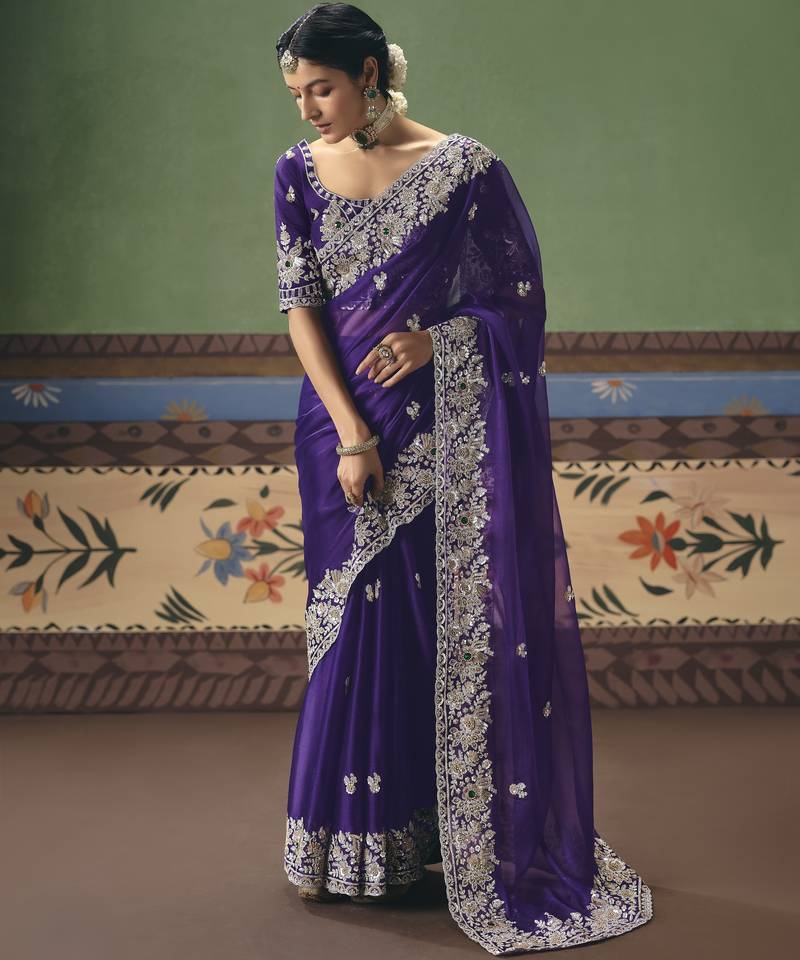 purple elegant fancy saree with designer embroidery, sequins, stones & pearl work with matching blouse