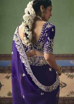 purple elegant fancy saree with embroidery sequins stones & pearl work with matching blouse 2