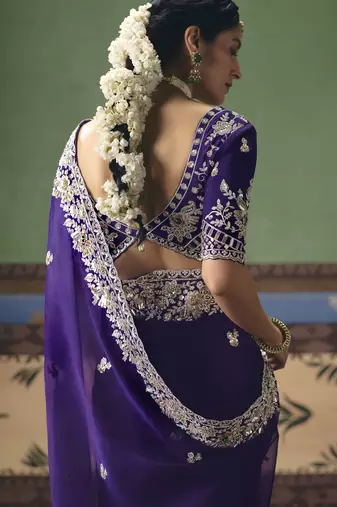 purple elegant fancy saree with embroidery sequins stones & pearl work with matching blouse