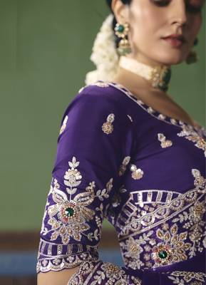 purple elegant fancy saree with embroidery sequins stones & pearl work with matching blouse 3
