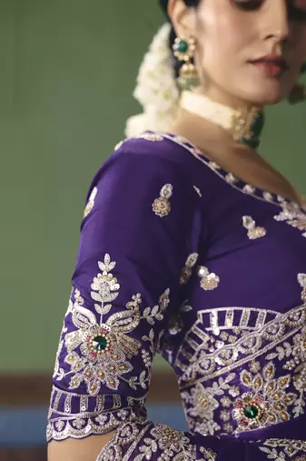 purple elegant fancy saree with embroidery sequins stones & pearl work with matching blouse