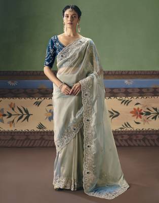 light blue elegant fancy saree with embroidery sequins stones & pearl work with matching blouse 1